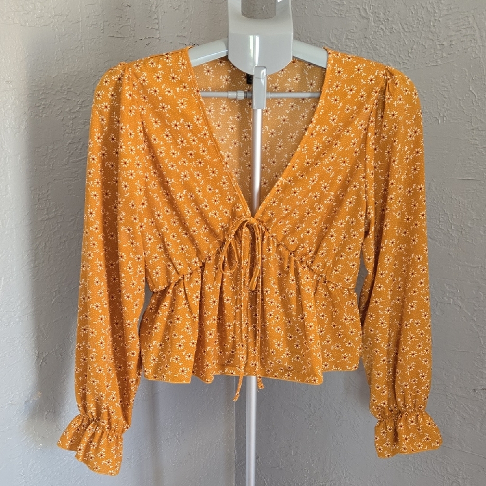 SHEIN Mustard Floral Blouse V Neck Boho Long Sleeve Ruffle